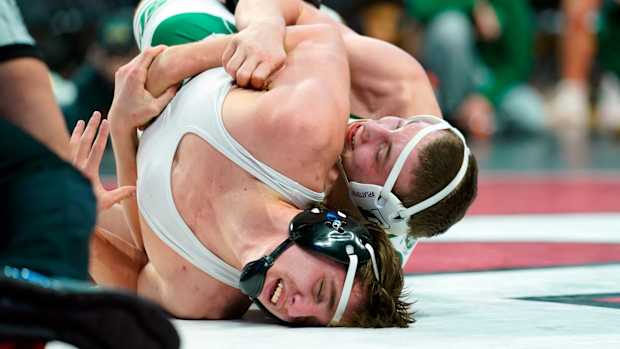 Simon Ruiz of Delbarton, right, wrestles Rocco Dellagatta of Saint Joseph in the 175-pound bout during the boys' wrestling team state finals at Jersey Mike's Arena in Piscataway on Sunday, Feb. 12, 2023.